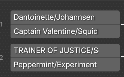 Dani and Johannsen vs Val and Squid Jenny match 1. Also, though less relevant, Trainer of Justice and Seachu vs Peppermint and Experiment match 2.